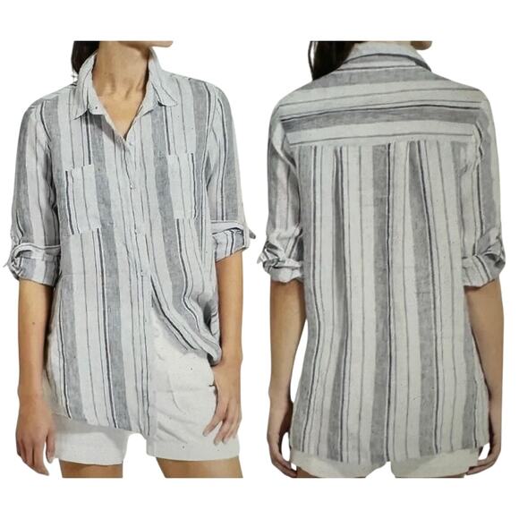 Athleta Stripe Peninsula‎ Top Womens M 100% Linen Shirt Roll Tab Sleeve Coastal - Picture 1 of 6